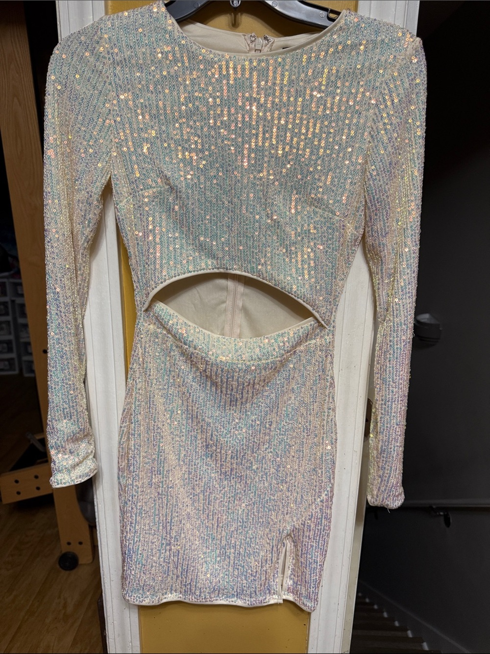 Lulus Iridescent Sequin Cutout Mini Dress Long Sleeve Party XS White Pearl